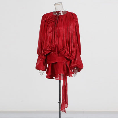 TWOTWINSTYLE Elegant Ruched Mini Dress For Women Round Neck Lantern Long Sleeve