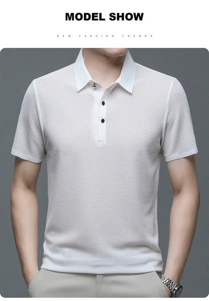 Summer New Men's Lop-up Hollow Short-sleeved Polo Tee Shirt Ice Silk Breathable Business Fashion T-Shirt Male Brand Clothes
