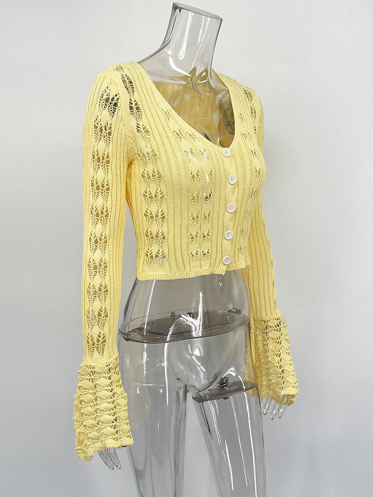 TARUXY Hollow Knitted Cardigan Women's Solid Long Sleeve V Neck Short Sweater Top Summer 2025 New Female Crochet Casual Outwear