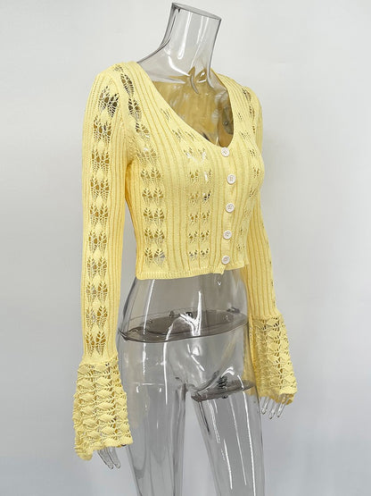 TARUXY Hollow Knitted Cardigan Women's Solid Long Sleeve V Neck Short Sweater Top Summer 2025 New Female Crochet Casual Outwear