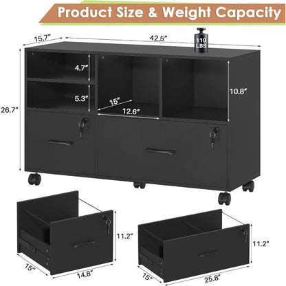 Wood Lateral File Cabinet with Lock,Lockable Rolling Filing Cabinet with Adjustable Storage Shelves,Printer Stand Office Storage