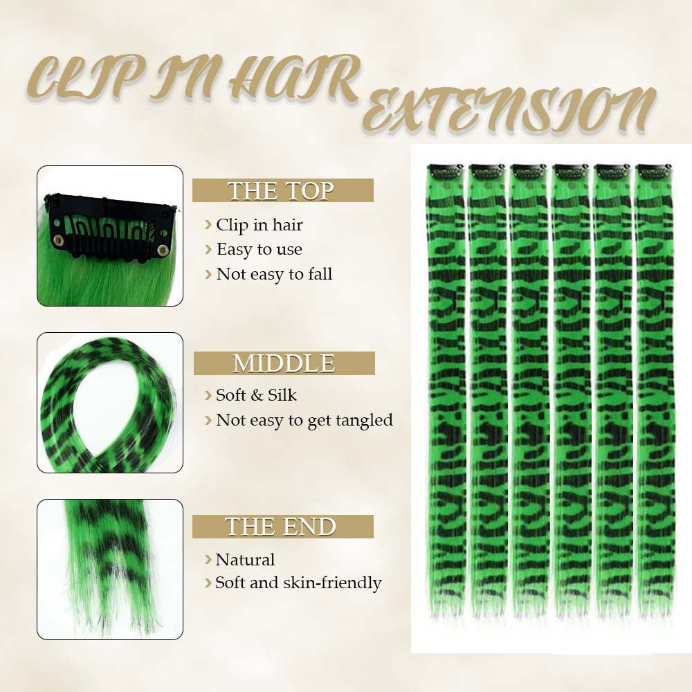 6 pçs/conjunto Listra Impressa Cabelo Colorido Longo Liso Pedaços de Cabelo Sintético com Clipe para Uso Diário Festa Natal