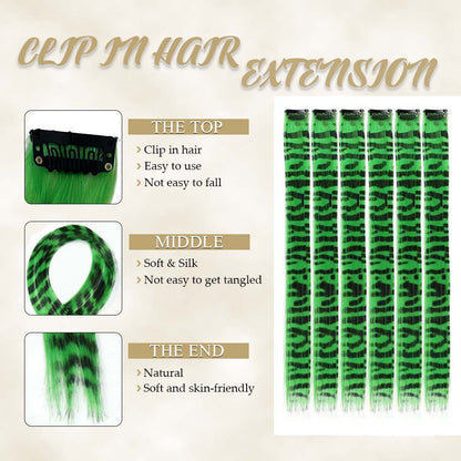 6 pçs/conjunto Listra Impressa Cabelo Colorido Longo Liso Pedaços de Cabelo Sintético com Clipe para Uso Diário Festa Natal