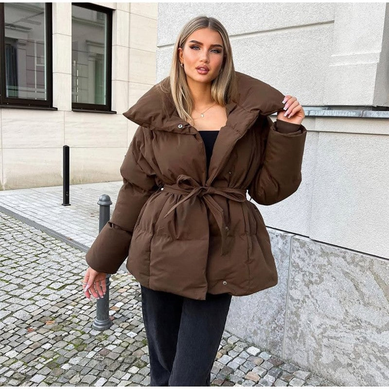 Solid Lapel Lace Up Cotton Coat Women Fashion Long Sleeve Warm Loose Pocket Short Coats Lady New Winter Commute Street Outwears