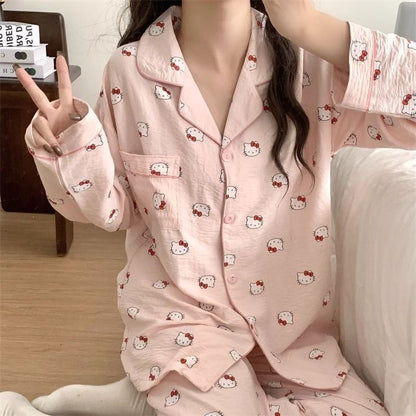 Casual Comfortable Pajama Set Autumn Winter Ins Style Kawaii Pajama Cute Girl Hello Kitty Long Sleeve Top and Pant Home Clothing