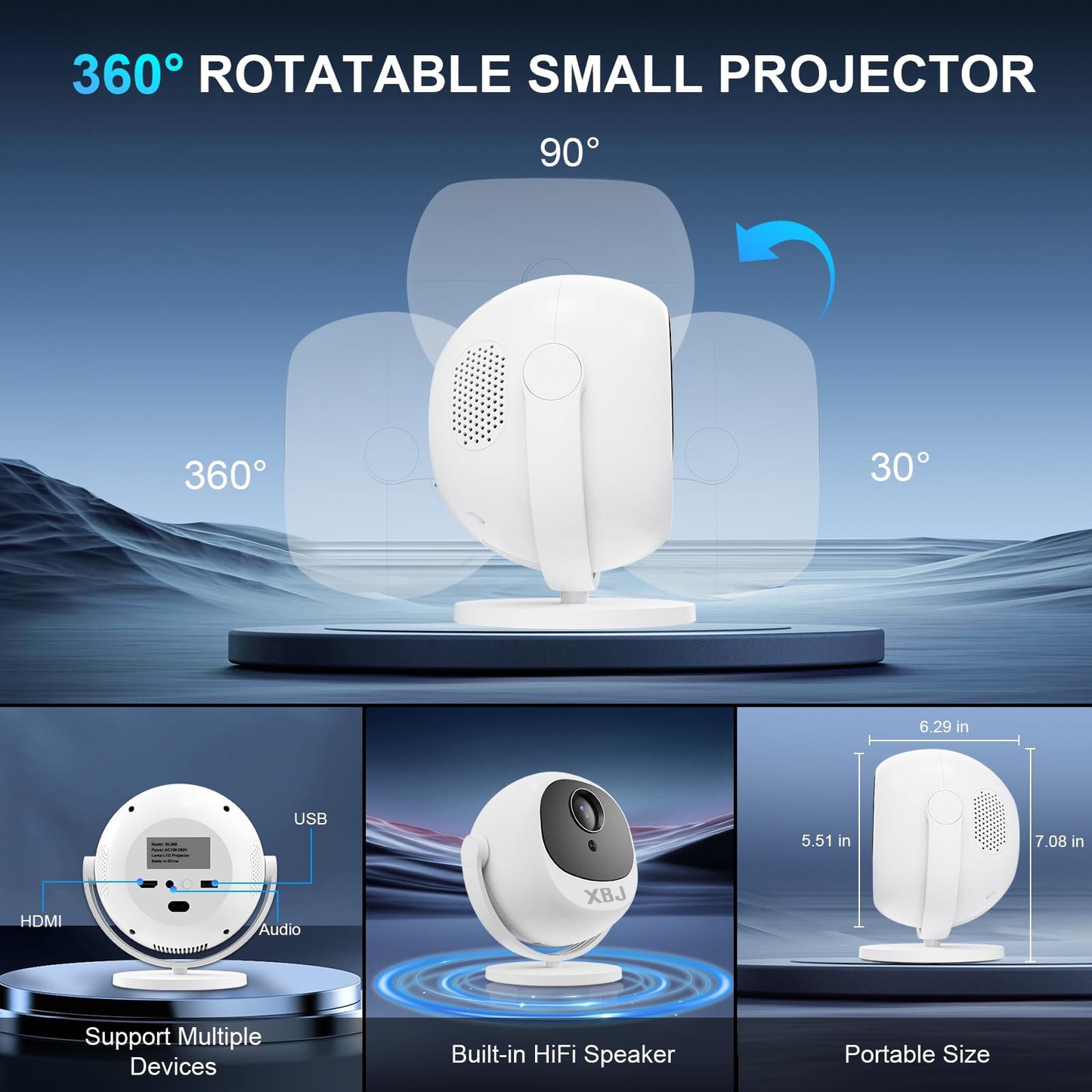 XBJ Spherical Home Theater 4K Projector, Android WiFi 6 BT 5.0 Auto Keystone 360° Rotation Portable Video Projector for Outdoor