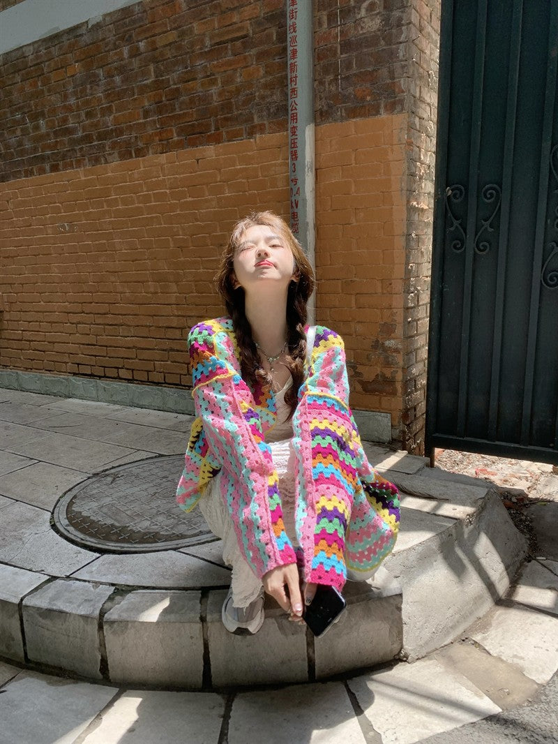SALIENCY Colorful Crochet Knit Hollow Cardigan Sweater Jacket Women Spring Top Loose Short Knitwear
