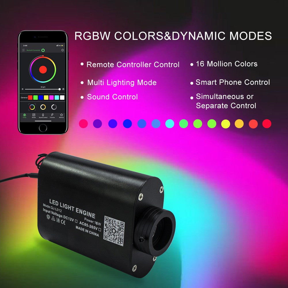 16W RGBW Fiber Optic Star Ceiling Light Kit Sound Activated APP Starry Sky Fiber Optic Light for Car roof Stars home decorating