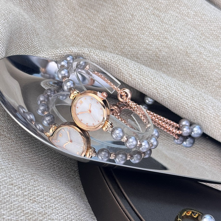 French Romantic Pearl Pull Cord Handheld Watch Elegant Small Fashion Bracelet Quartz Wristwatch Stylish Portable Timepiece