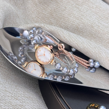 French Romantic Pearl Pull Cord Handheld Watch Elegant Small Fashion Bracelet Quartz Wristwatch Stylish Portable Timepiece