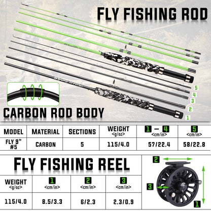 Sougayilang 5# Fly Fishing Rod Combo Super Light Portable Carbon Fiber Trout Rod Starter Package Fly Fishing Kit Fishing Tackle