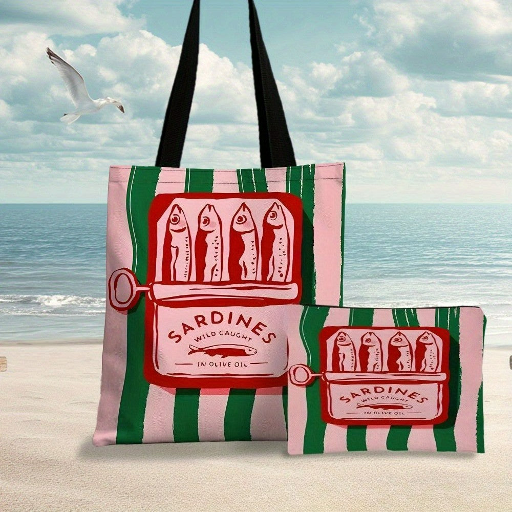 Sardines Wild Caught Olive Oil Tote Bag Beach Bag with Makeup Bag Stylish Reusable Shopping Bag Shoulder Bag Travel Work Bags