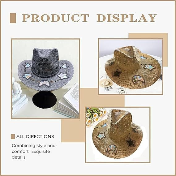 Moon Star Sequin Suncatcher Cowgirl Hats INS Fashion Summer Beach Women Straw Sun Hat Hollow Out Bohemian Western Cowgirls Hats