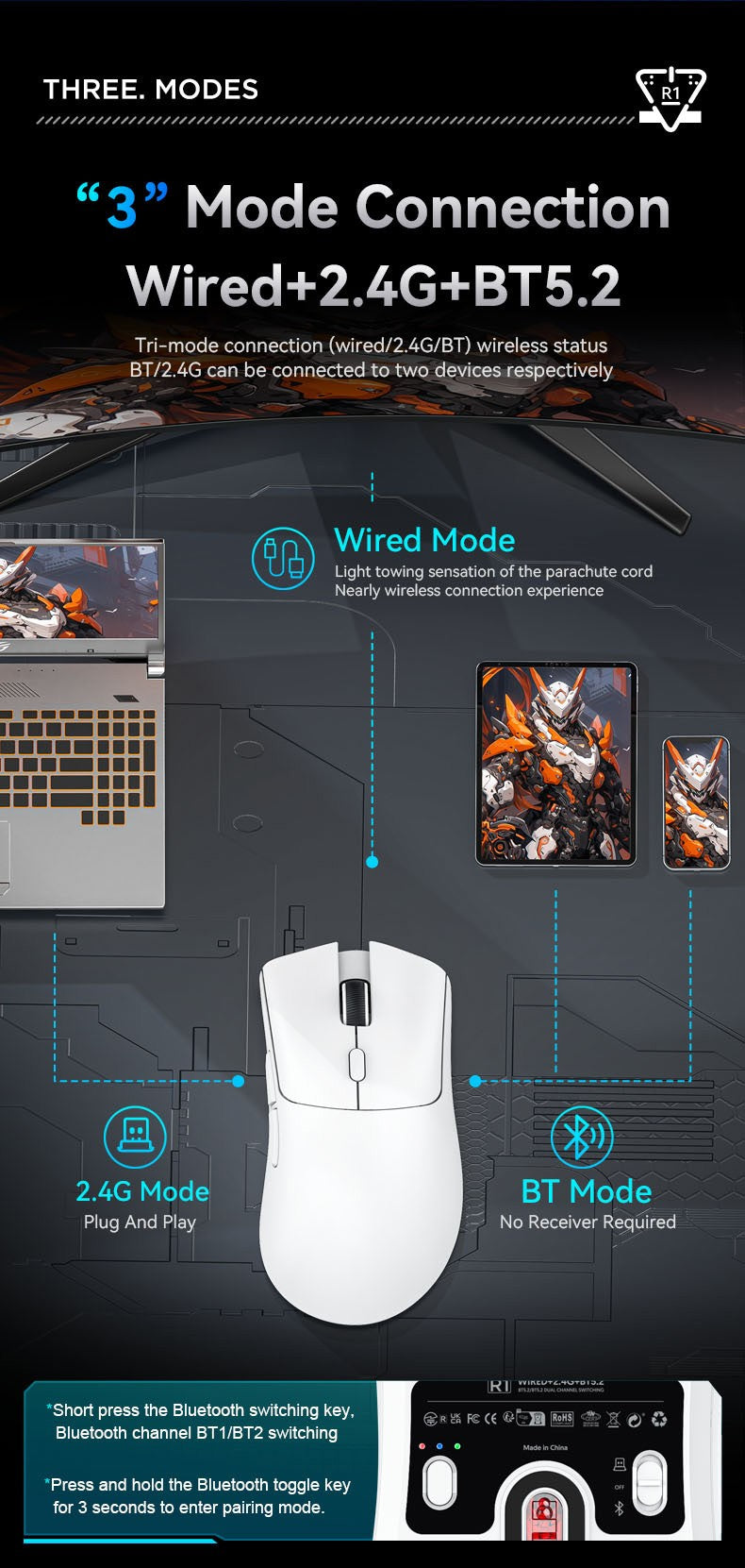 Attack Shark 18000DPI Wireless Mouse, 1000Hz,PAW3311,Bluetooth Tri-mode Connection, R1 Macro Gaming Mouse