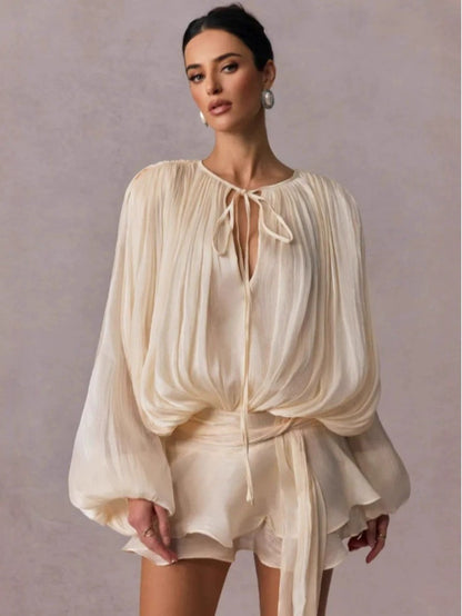 Beige Top Solid Blouse Mini Dresses For Women V Neck Long Sleeve Spliced Lace Up