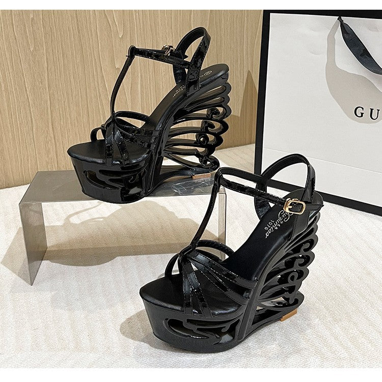 2022 New High Heels Women Pumps Thick Platform Buckle Strap Nightclub Shoes Catwalk Model Show 14.5CM Hollow Out Wedge Sandals