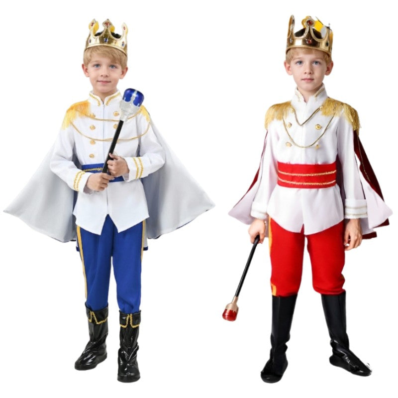 Medieval King Prince Red Blue 7 Piece Costume Set With Crown Scepter Cape For Royal Halloween Party Fancy Dress Performance