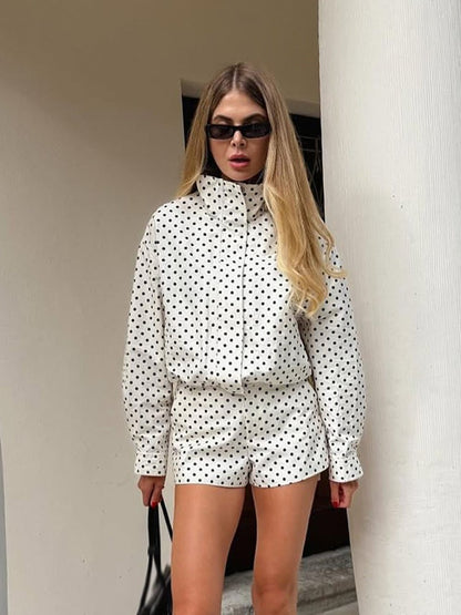HH Woman Autumn Long Sleeves Turtleneck Zipper With Pockets Drawstring Casual Coats Women Fashion Polka Dot Printed Jacket
