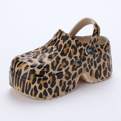 Leopard Thick Bottom Clogs for Women Closed Toe Chunky Platform Sandals Woman Summer 2023 Super High Wedge Heel Slippers Female
