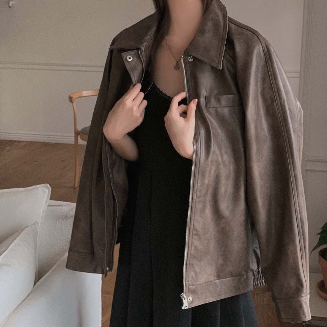 Sli Loose PU Leather Jaet Women's Chic Retro Collar Versatile BF Sle Motorcycle Clothes Trendy Long Sve Zipper