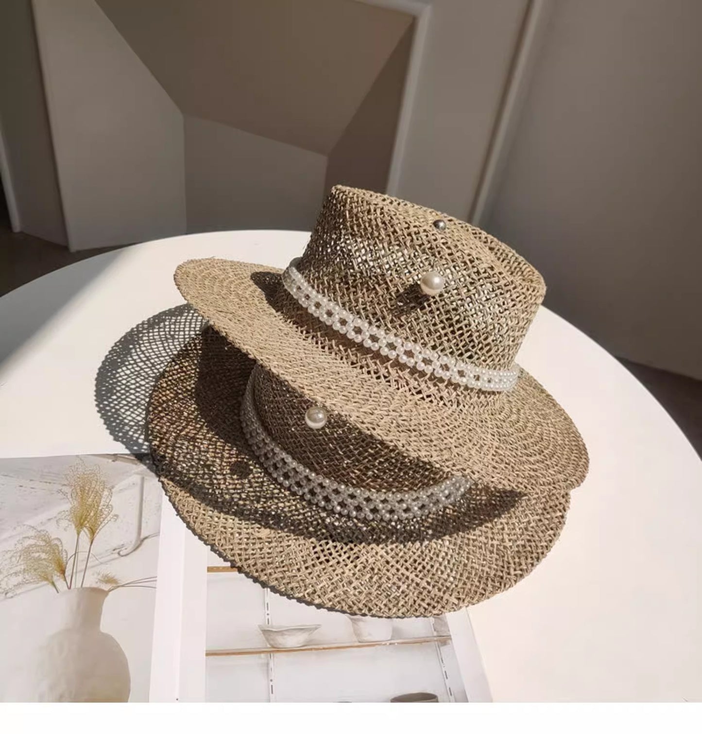 Chapéu de palha de verão alfinete de pérola chapéu de palha feminino de aba plana oco com ranhuras de verão para praia e sol sombreiro ????