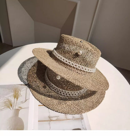 Chapéu de palha de verão alfinete de pérola chapéu de palha feminino de aba plana oco com ranhuras de verão para praia e sol sombreiro ????
