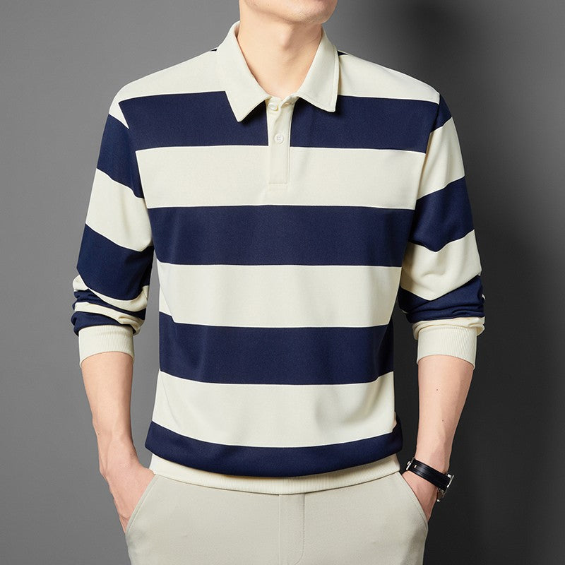2025 Men's New Striped Long Sleeved Polo Shirt Casual Fashion Autumn Winter Versatile Top