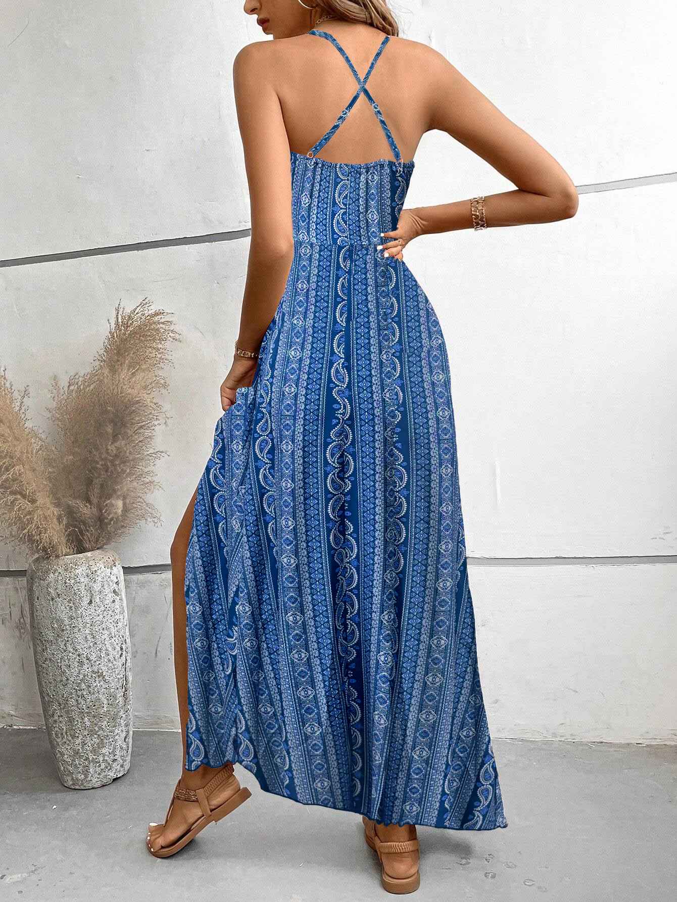 Women's Summer Ethnic Pattern Backless Split Thigh Dress Ladies Summer Clothes Boho Fashion Frill Trim Long Dress for Beach