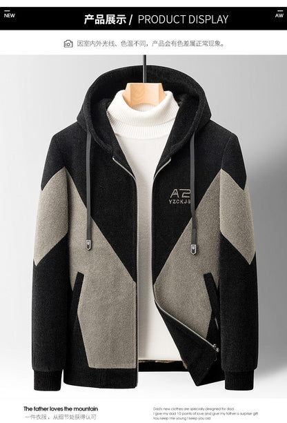 Winter Patchwork Woolen Jacket Men Hooded Short Trench Coat Thickened Warm Casual Business Social Overcoat