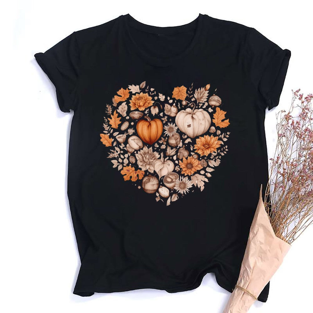 Fall Heart Women's Fall Shirt Pumpkin Season Short Sleeves Thanksgiving Halloween Party Shirts Fashion Women T-shirt Clothes