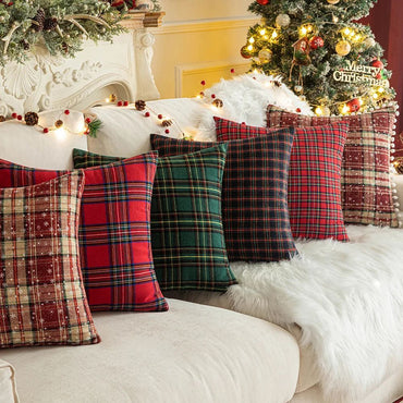 Home Christmas Decor Plaid Cushion Covers Red Checkered Polyester Cotton Xmas Ornament Snowflake Throw Pillowcase Decorative