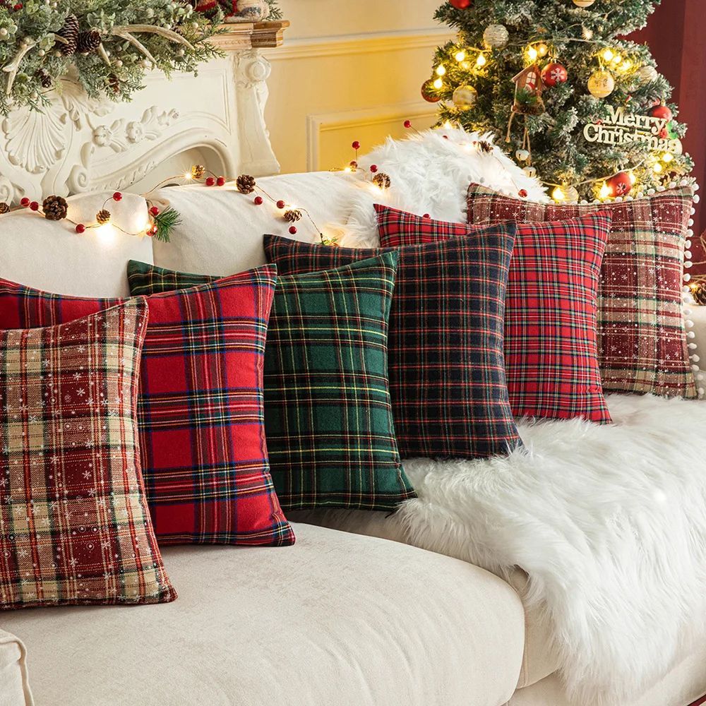 Home Christmas Decor Plaid Cushion Covers Red Checkered Polyester Cotton Xmas Ornament Snowflake Throw Pillowcase Decorative