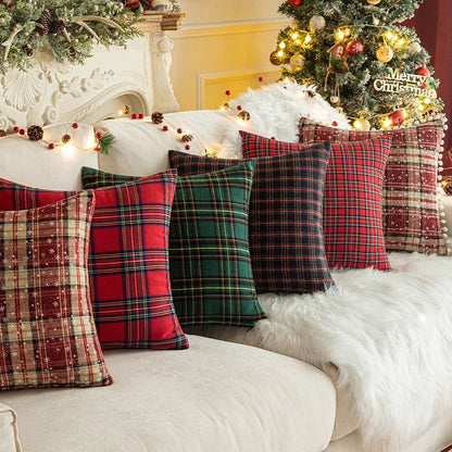 Home Christmas Decor Plaid Cushion Covers Red Checkered Polyester Cotton Xmas Ornament Snowflake Throw Pillowcase Decorative