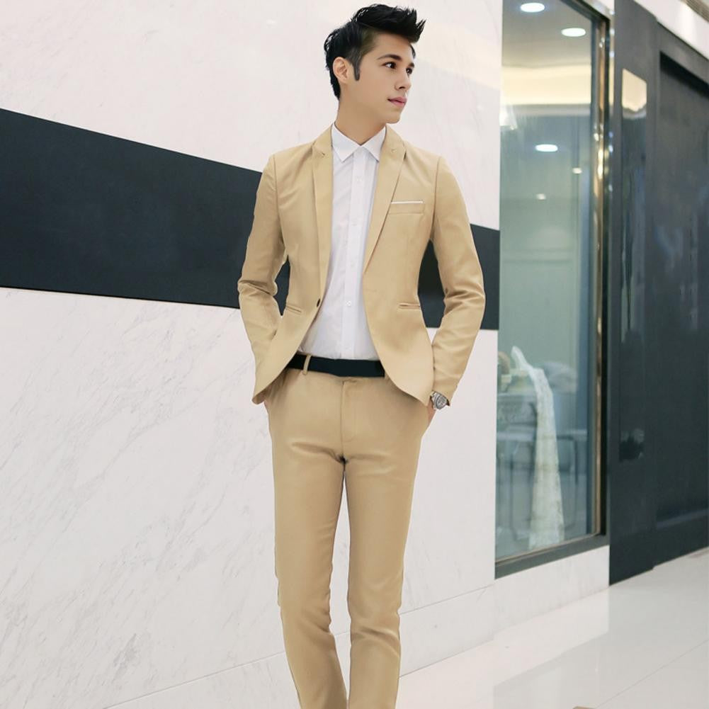 2Pcs/Set Men Slim Fit Suit Set Lapel Long Sleeve Single Button Suit Coat Mid-rise Long Pants Set Solid Color Business Outfit