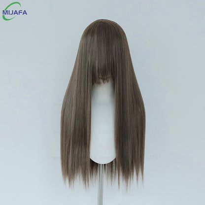Peruca de Cosplay Longa e Lisa de Altíssima Qualidade, 400g, 48 Cores, 60cm, com Franja, Resistente ao Calor, Perucas Anime + Touca de Peruca