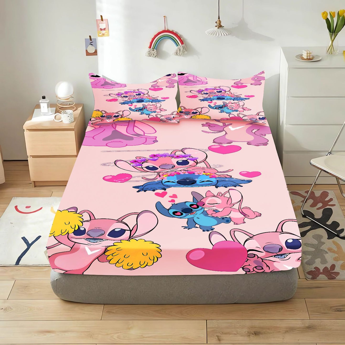Lilo & Stitch Cartoon Fitted Sheet Home Cover for Teenager Elastic Bedding Cute Digital Printing Sheets Bedding Children