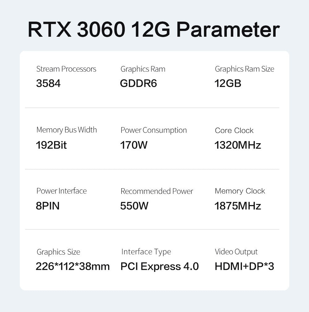 Placa de Vídeo MLLSE RTX 3060 12GB GDDR6 192Bit PCI Express 4.0 ×16 8Pin GPU NVIDIA Placa de Vídeo para Jogos Rtx 3060
