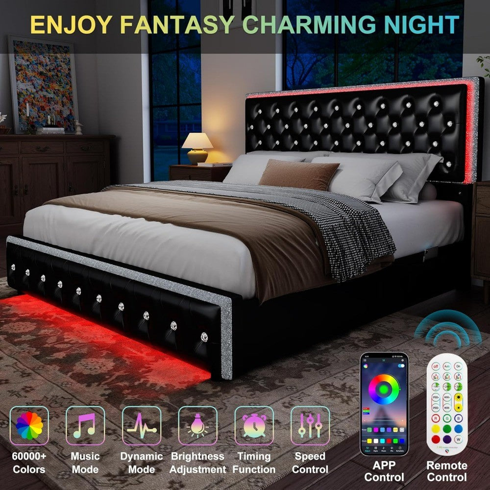 LED Bed Frame with 2 Drawers, PU Leather Platform Bed with Diamond Tufted Headboard Footboard and 2 Side Pockets, M
