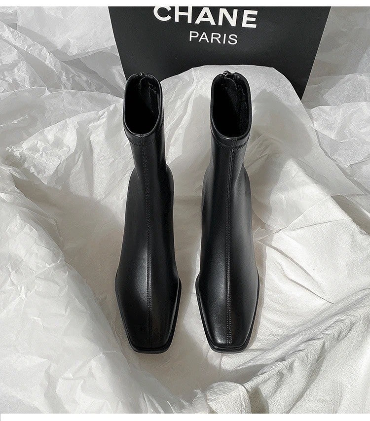 Autumn and Winter New Brown Short Boots with Velvet Coarse Heel French Ankle Boots and Back Zipper Square Head Boots