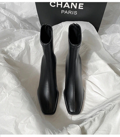 Autumn and Winter New Brown Short Boots with Velvet Coarse Heel French Ankle Boots and Back Zipper Square Head Boots