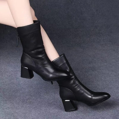 2024 New Women Versatile Leather Boots Fashion antislip high heels female Casual comfortable boot External Wear Trendy shoes