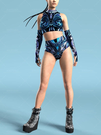 Adult Summer Role Play Bodysuit Women Sexy Hollow Sleeveless Blue Graffiti Art Swimsuit Carnival Party Stage Performance Clothes