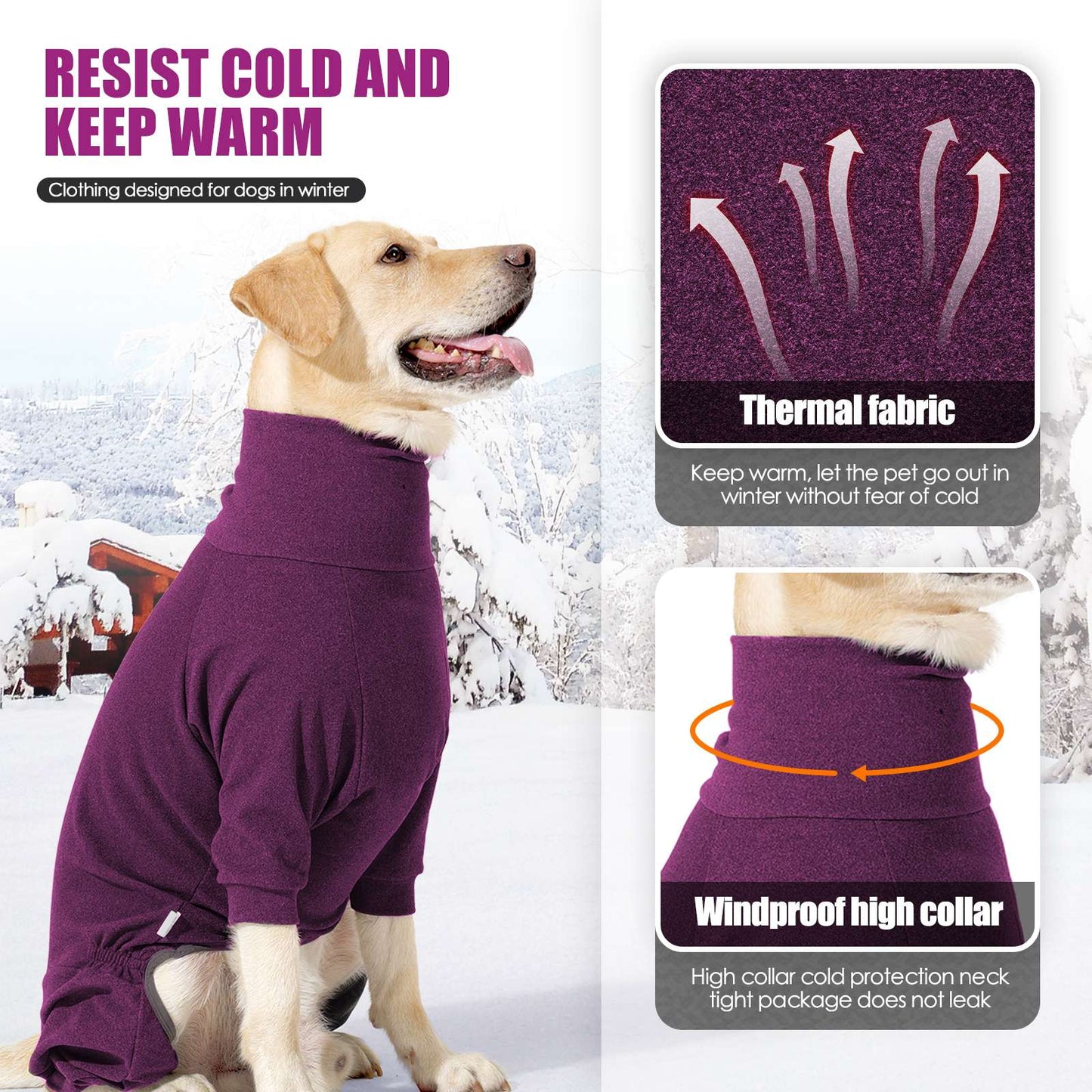Roupa Quente para Cães à Prova de Vento com Lã, Inverno, Gola Alta, Macacão Completo para Cães Grandes com 4 Patas, Ajustável e Macio