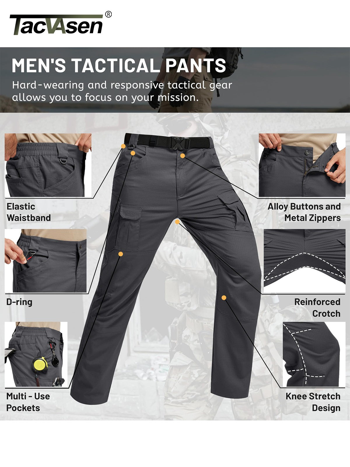 TACVASEN Mens Lightweight Hiking Pants Waterproof Ripstop Lightweight Breathable Stretch Work Tactical Outdoor Trousers 8 Pocket