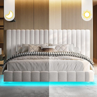 Cama Queen com Luzes de LED e Cabeceira Estofada Grande, Plataforma Moderna de Veludo com Design Flutuante, Não Precisa de Box