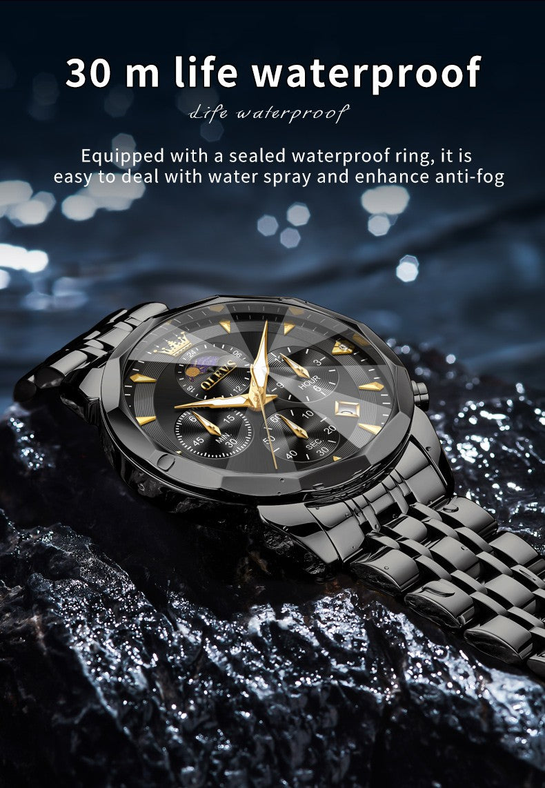 OLEVS Original Fashion Moon Phase Men's Watches Waterproof Chronograph Quartz Watch Stainless steel Calendar Brand Wristwatch