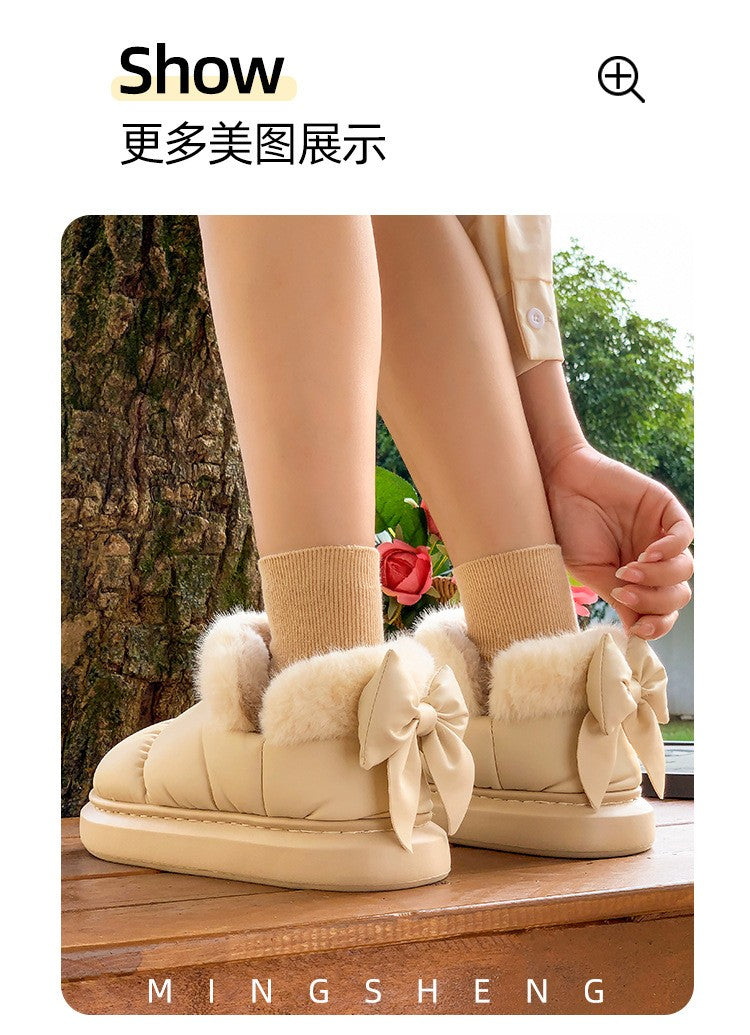 Cute Warm Ankle Boots Winter Women's Bow Warmth Plush Bow Cotton Shoes 2025 New Waterproof Down Cloth Short Barrel Snow Boots