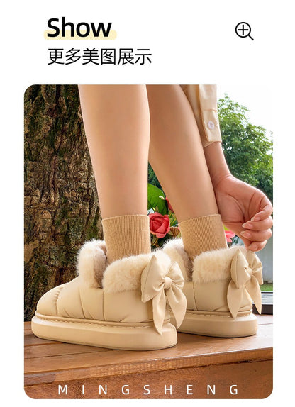 Cute Warm Ankle Boots Winter Women's Bow Warmth Plush Bow Cotton Shoes 2025 New Waterproof Down Cloth Short Barrel Snow Boots