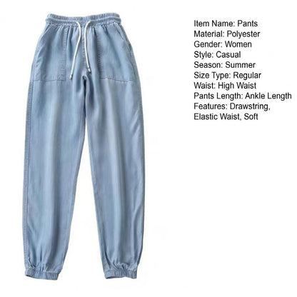 Summer Thin Ice Silk Jeans Women Elastic High Waist Drawstring Harem Pants Loose All-matched Beam Leg Nine Points Denim Pants