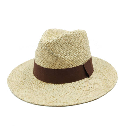 Chapéu de Palha Feminino de Verão Chapéu de Sol Luxuoso Feminino Chapéu de Praia de Proteção Solar da Moda Chapéu Panamá Francês Chapéu Raff de Aba Larga com Topo Abaulado